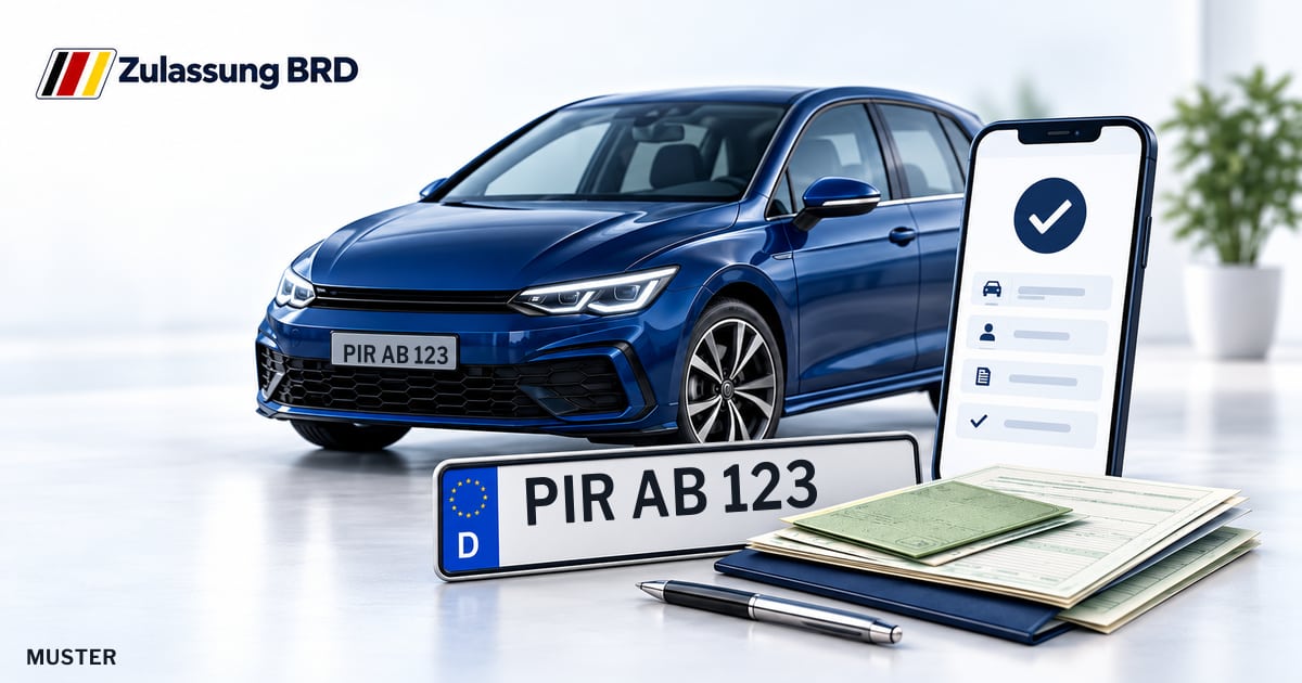 Online Fahrzeugzulassung in Pirna: Musterkennzeichen PIR AB 123, Auto und Fahrzeugpapiere und Smartphone. Illustration mit Logo von Zulassung BRD.